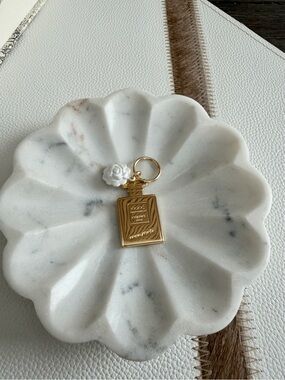 Gold Perfume Bottle Keychain with White Rose Charm